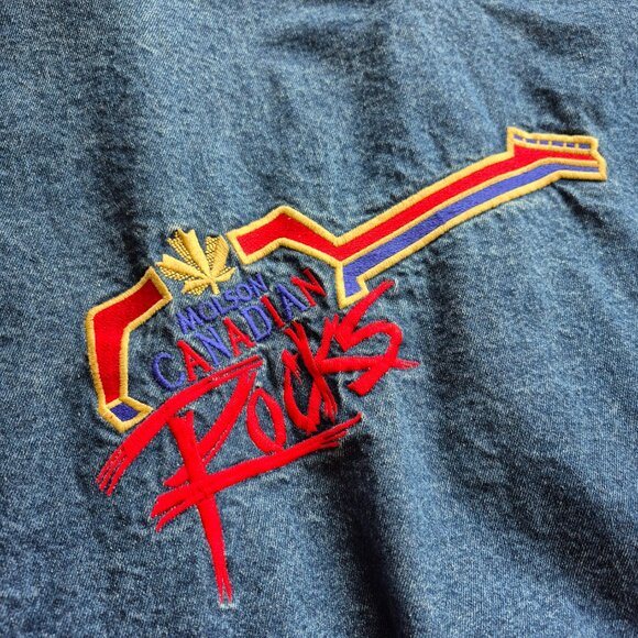 Vintage Molson Canadian Rocks Denim Bomber Coat Snap Front Jacket XL - Picture 12 of 15